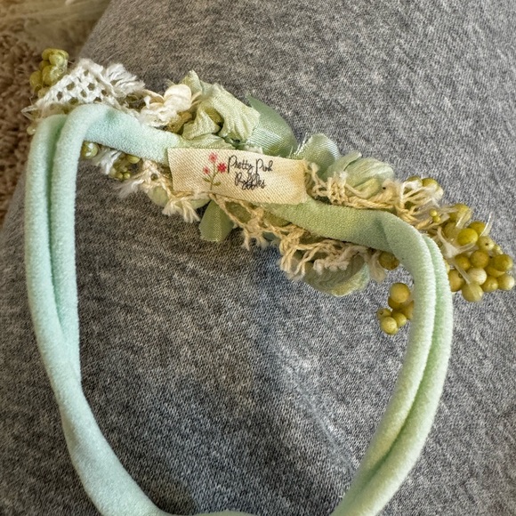 Handmade OOAK Green Embellished Floral Tulle Baby Romper & Headband sitter size - Picture 4 of 4